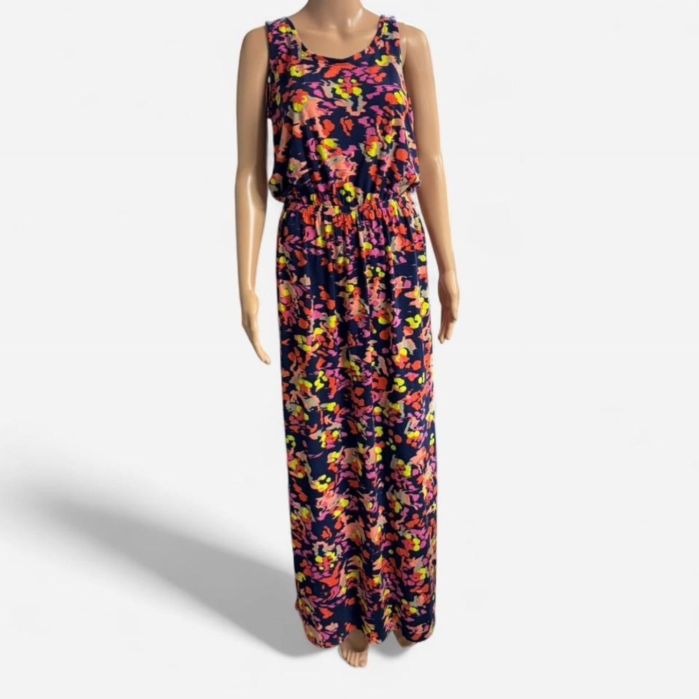 Lilla P Womens Medium Navy Neon Abstract Print Sleeveless Maxi Dress